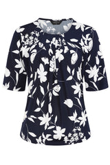 Floral Print Pleat Neck Top