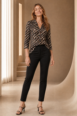 3/4 Sleeve Brown Abstract Print Blouse