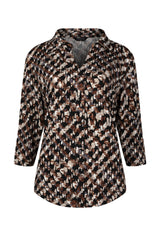 3/4 Sleeve Brown Abstract Print Blouse