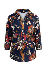3/4 Sleeve Navy Floral Print Blouse