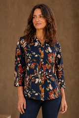 3/4 Sleeve Navy Floral Print Blouse