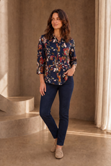 3/4 Sleeve Navy Floral Print Blouse