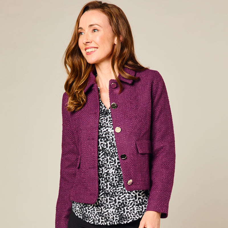 Classic Collar Cropped Boucle Jacket Berry