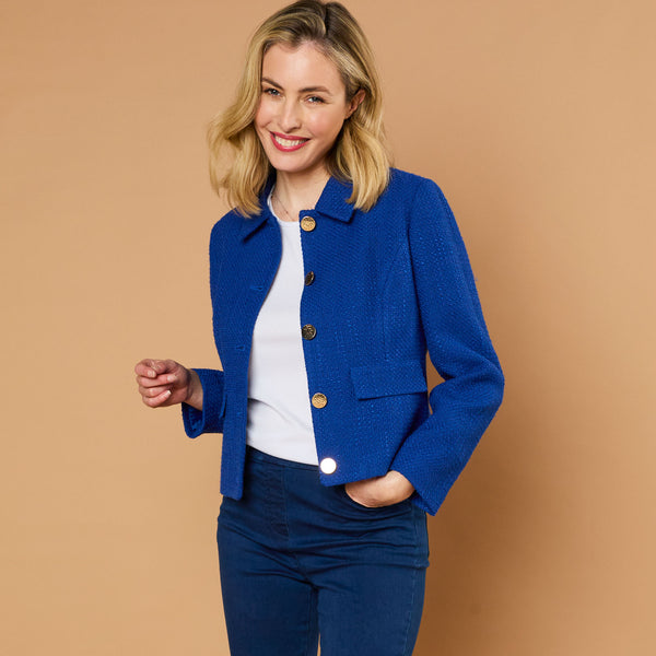 Classic Collar Cropped Boucle Jacket Blue