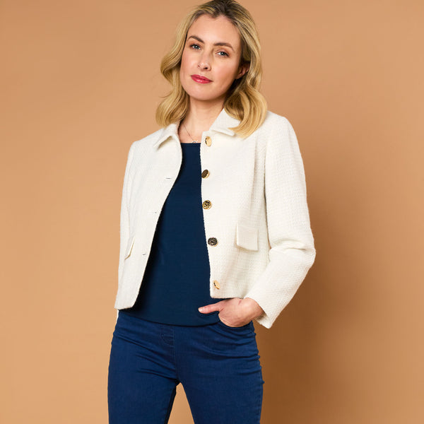 Classic Collar Cropped Boucle Jacket Cream
