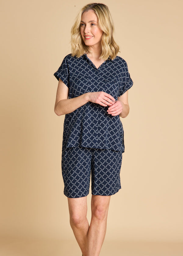 Elasticated Waist Geo Print Shorts Navy