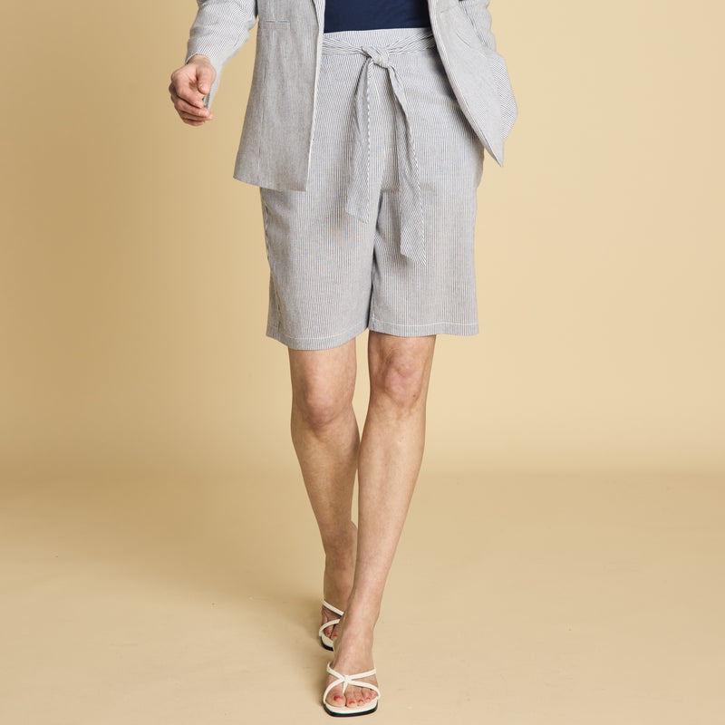 Linen Tie Waist Stripe Shorts Navy/White