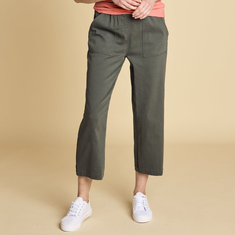 Cotton Washed Stretch Straight Leg Crop Khaki