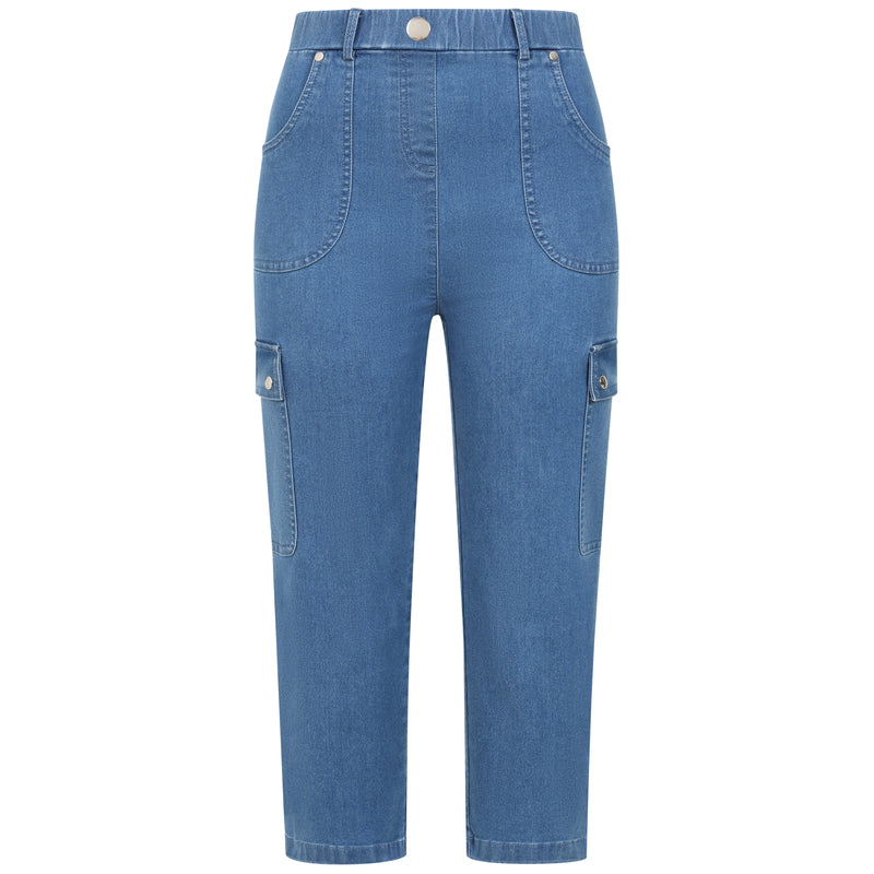 Stretch Denim Cargo Crop Light Denim