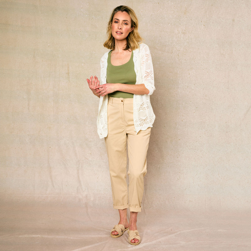 Elastic Back Cotton Turn Up Chino Stone