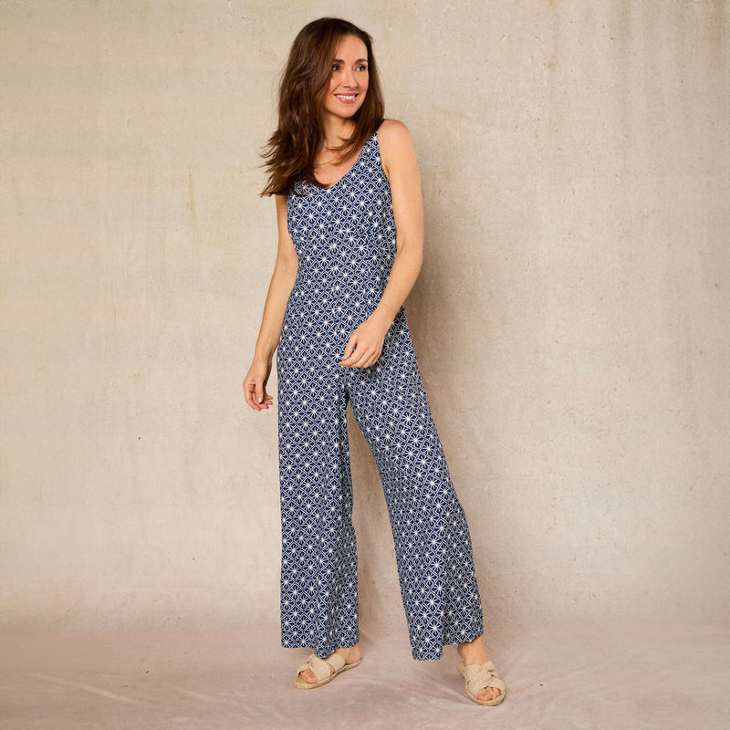 Moss Crepe Print Tie Back Jumpsuit Navy/White