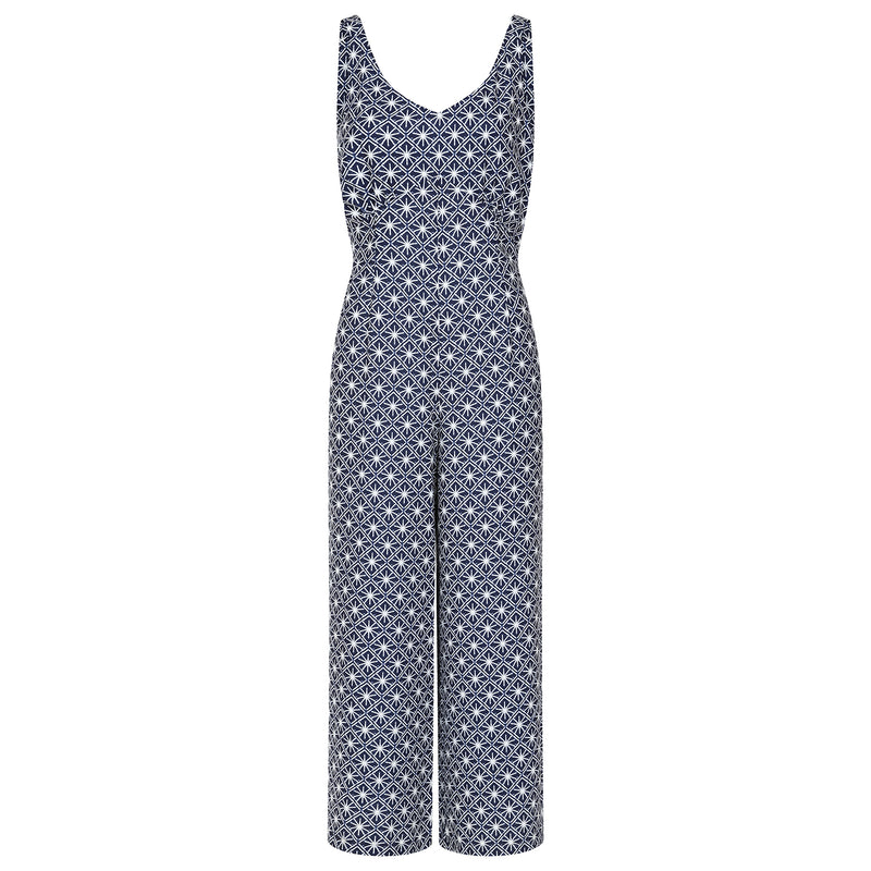 Moss Crepe Print Tie Back Jumpsuit Navy/White