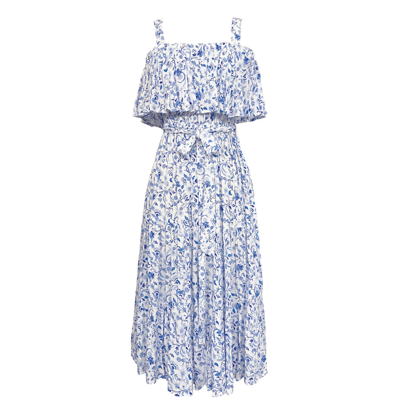 Floral Print Tie Waist Tiered Dress Blue