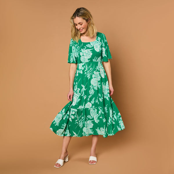 Short Sleeve Floral Print Midi Dress Emerald