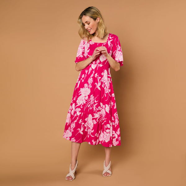 Short Sleeve Floral Print Midi Dress Hot Pink
