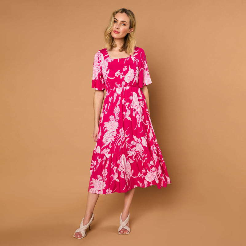 Short Sleeve Floral Print Midi Dress Hot Pink