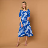 Short Sleeve Floral Print Midi Dress Royal Blue