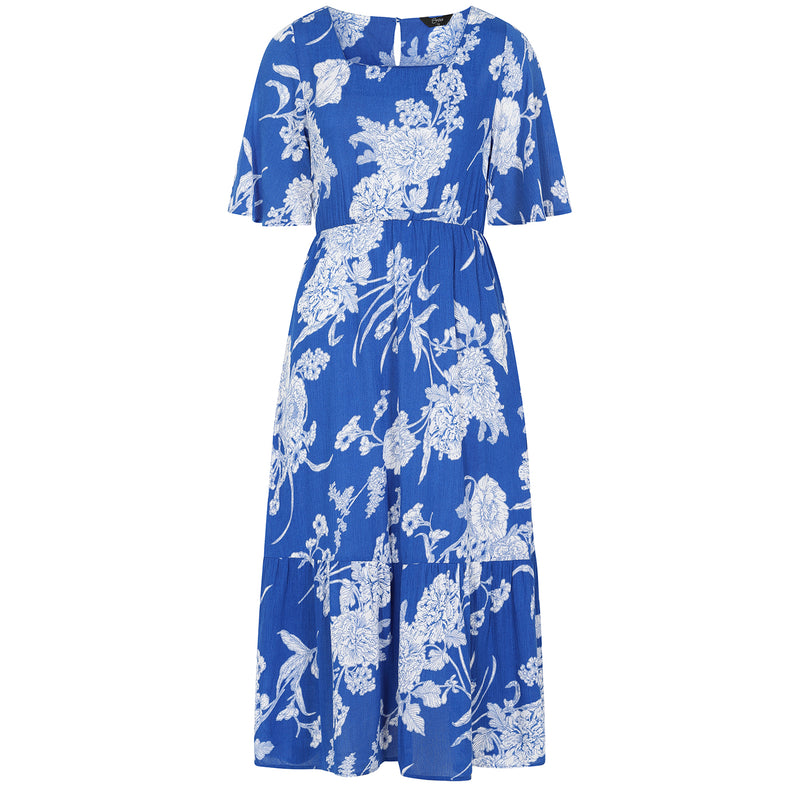 Short Sleeve Floral Print Midi Dress Royal Blue