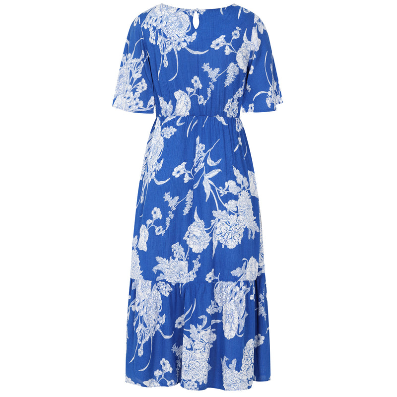 Short Sleeve Floral Print Midi Dress Royal Blue