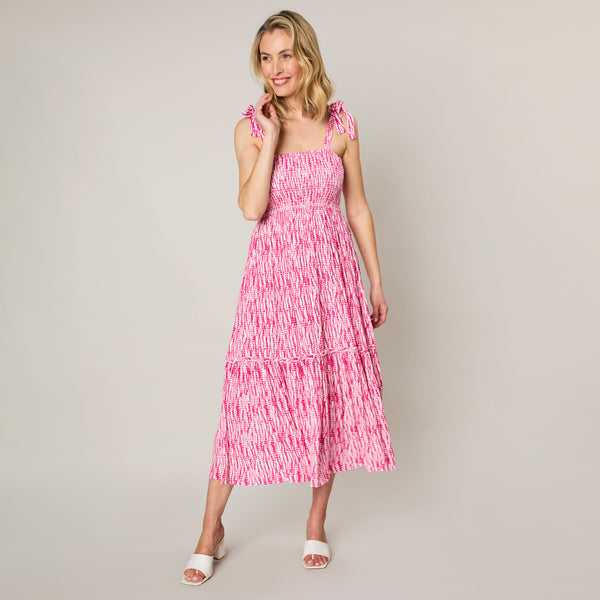 Shoulder Tie Midi Dress Pink/White