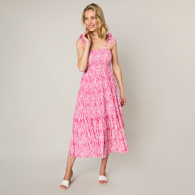 Shoulder Tie Midi Dress Pink/White