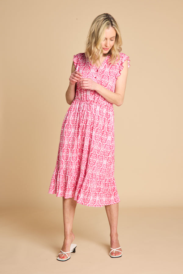 Tie Waist Geo Tile Print Midi Dress Pink