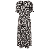 Shirred Floral Print Wrap Tea Dress Black
