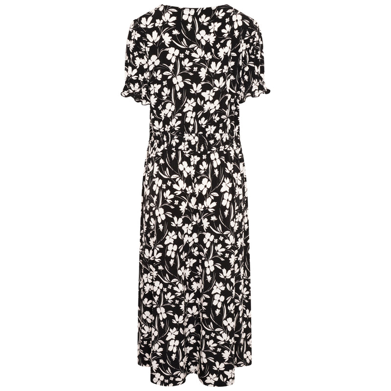 Shirred Floral Print Wrap Tea Dress Black