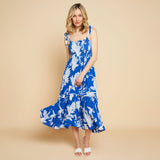 Floral Print Tie Shoulder Midi Dress Blue / White