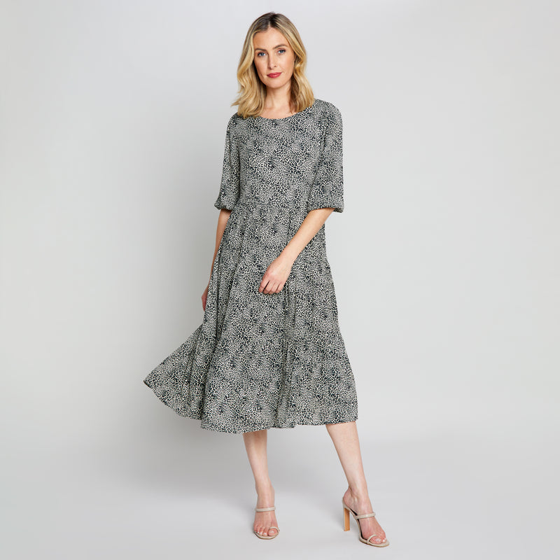 3/4 Sleeve Animal Print Midi Dress Cream