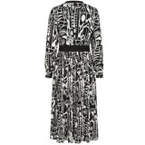 Long Sleeve Abstract Print Pleated Dress Black / White