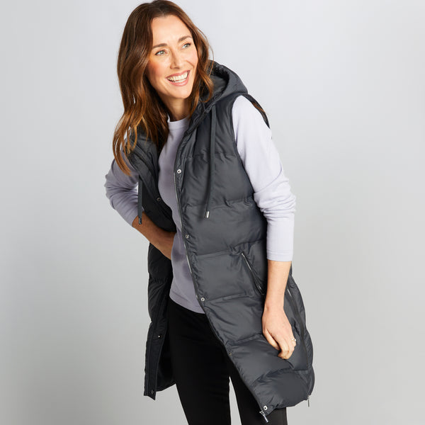 Longline Quilted Gilet With Hood Black