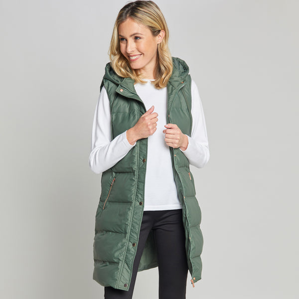 Longline Quilted Gilet With Hood Khaki