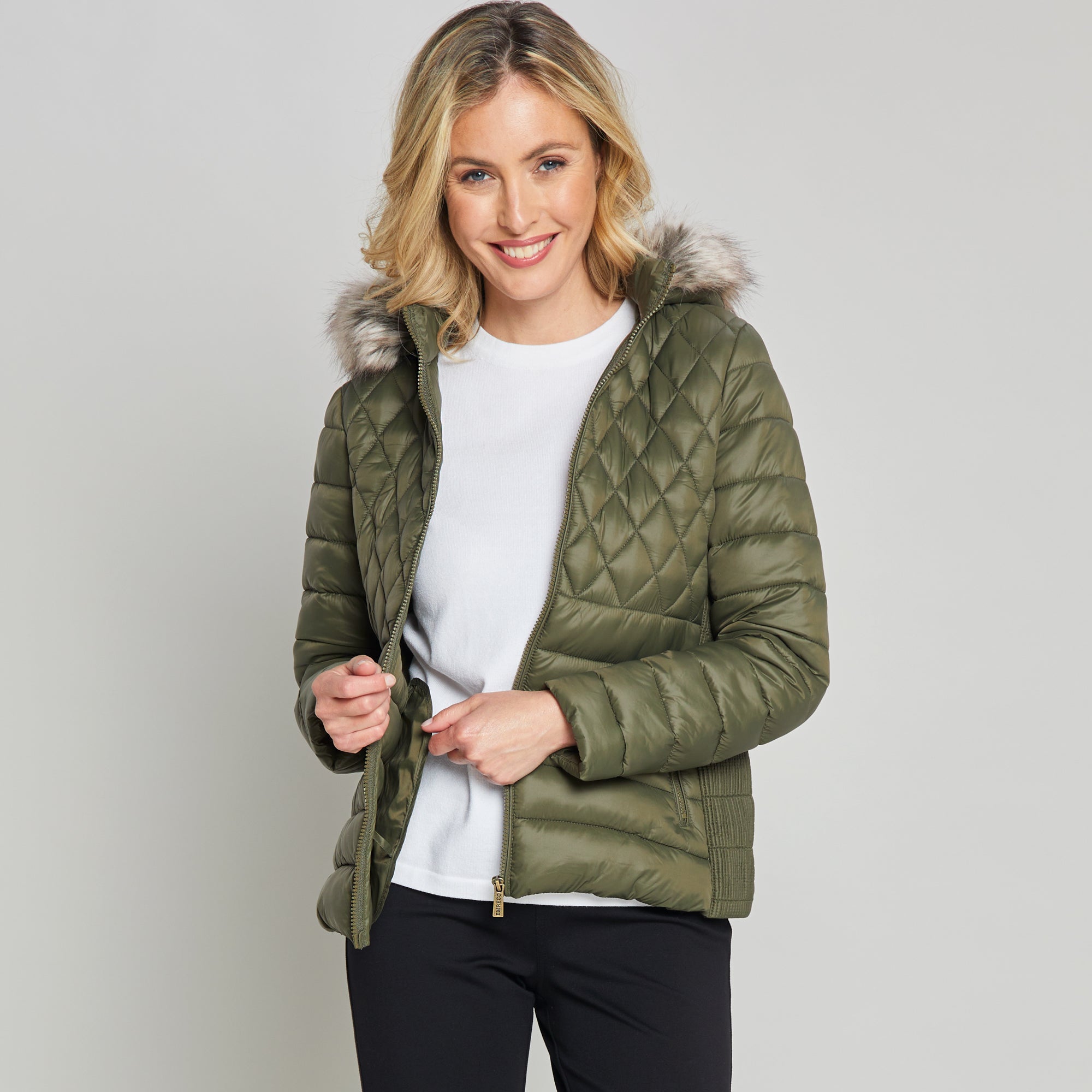 Long Sleeve Faux Fur Hood Quilted Jacket Khaki – Emreco