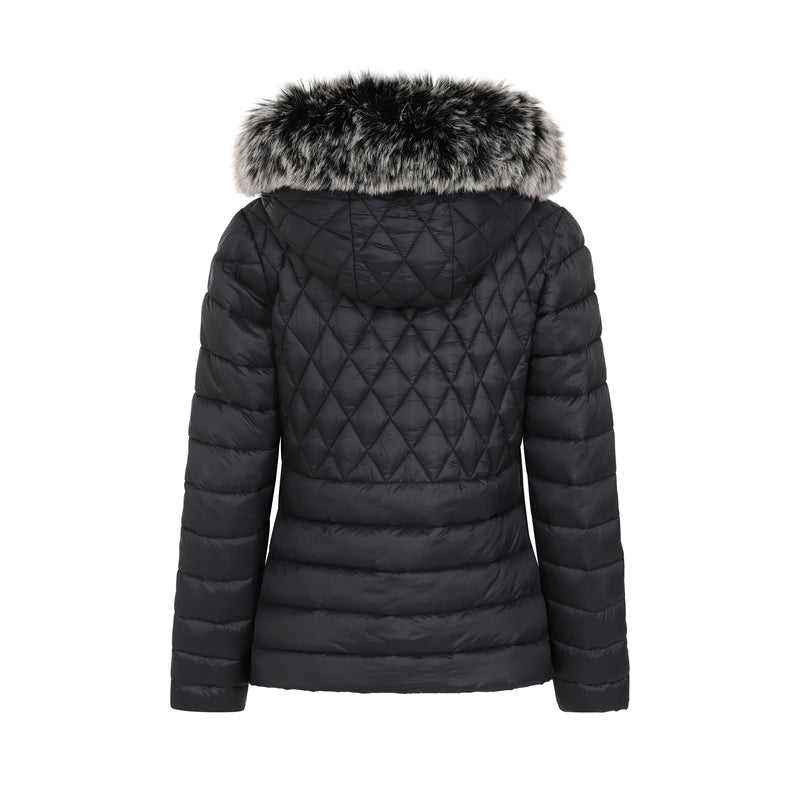 Long Sleeve Faux Fur Hood Quilted Jacket Black
