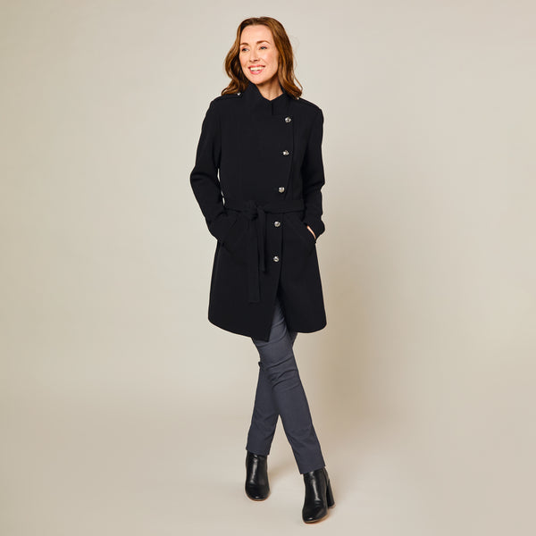 Funnel Neck Tie Waist Formal Coat Black