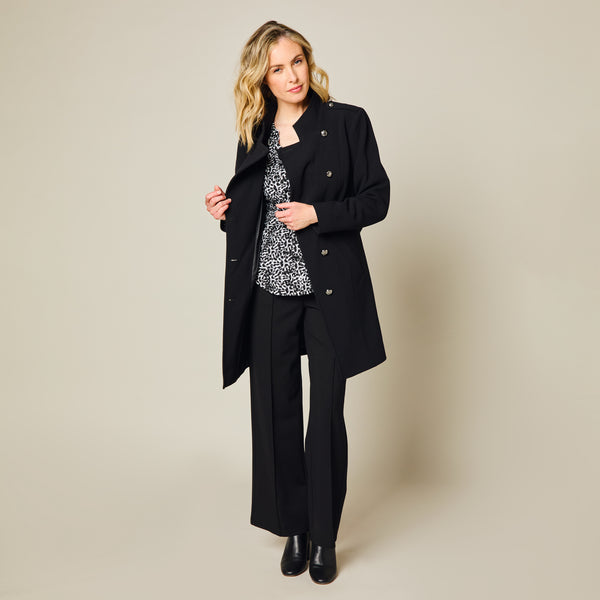 Funnel Neck Tie Waist Formal Coat Black