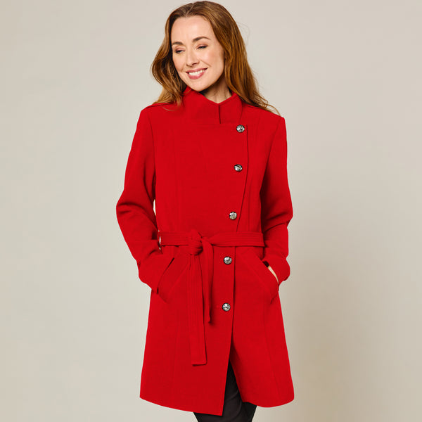 Funnel Neck Tie Waist Formal Coat Red