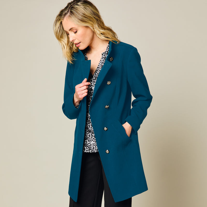 Funnel Neck Tie Waist Formal Coat Teal