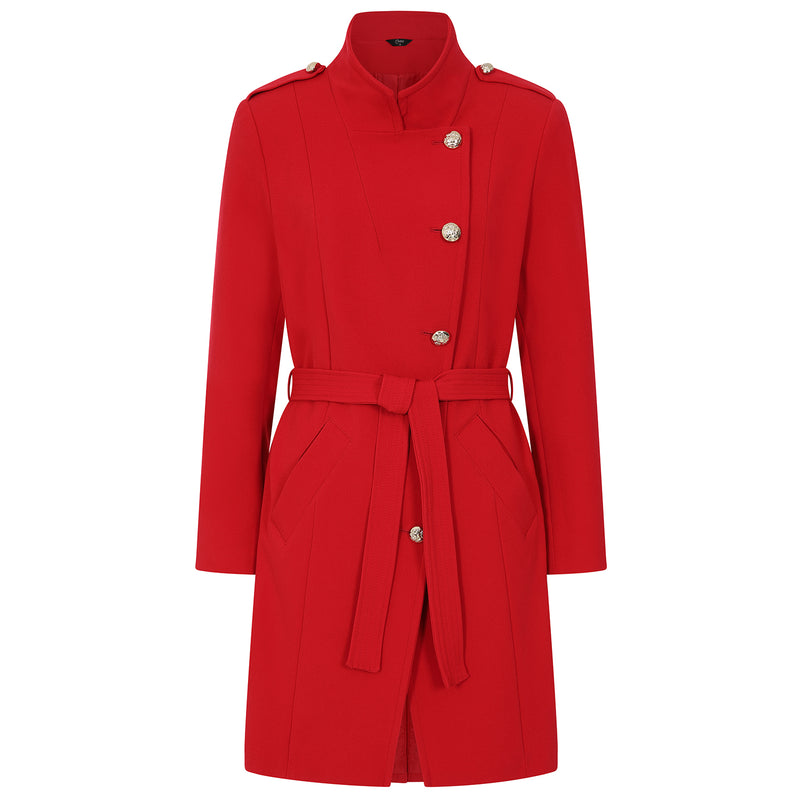 Funnel Neck Tie Waist Formal Coat Red