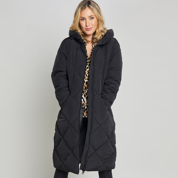 Quilted Long Padded Coat With Hood Black