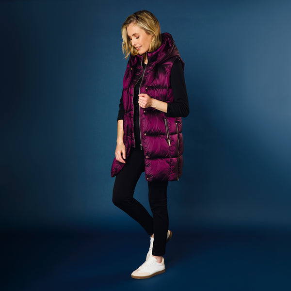 Longline Metallic Quilted Gilet Berry