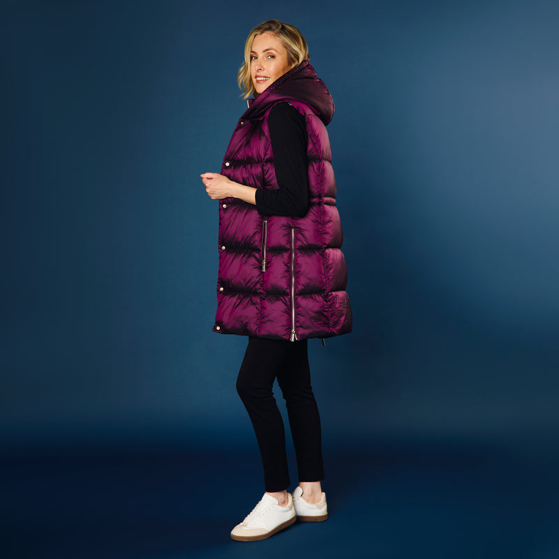 Longline Metallic Quilted Gilet Berry