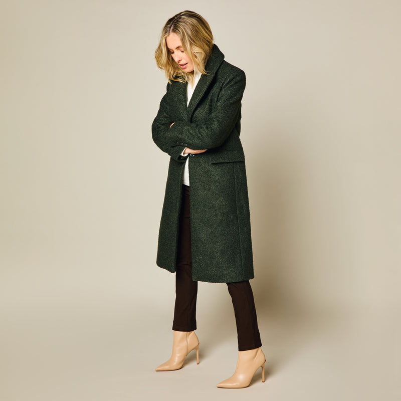 Longline Textured Single Breasted Coat Dark Green