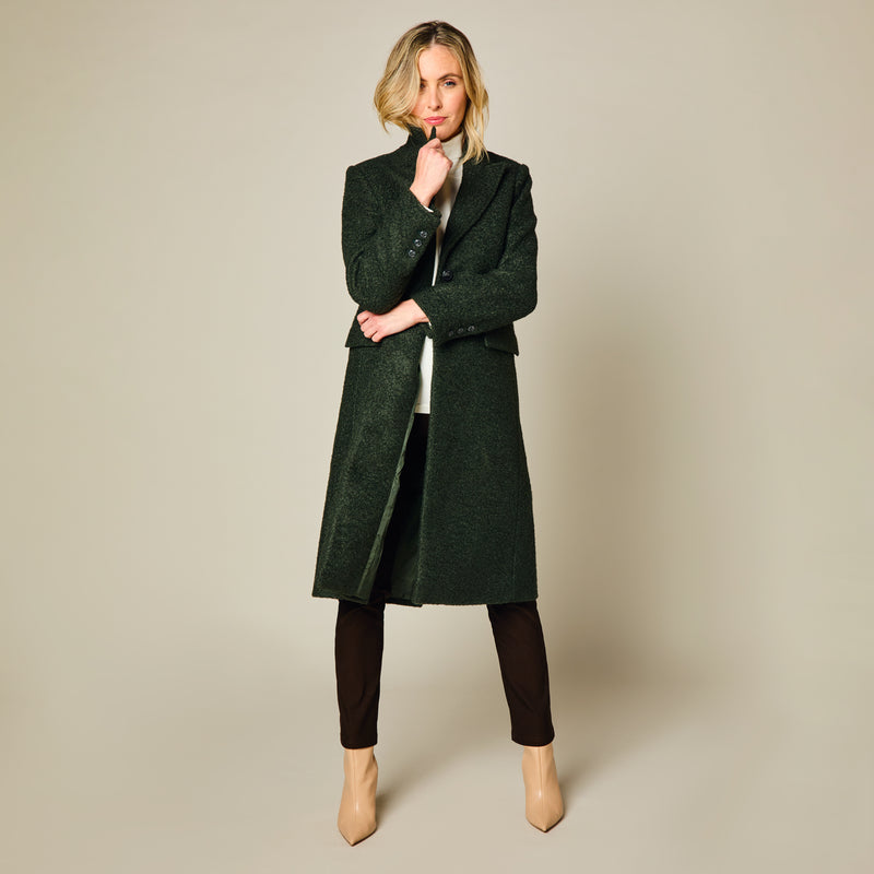 Longline Textured Single Breasted Coat Dark Green