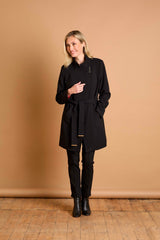Double Crepe Belted Luxe Trim Coat Black
