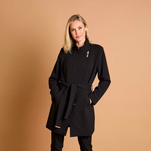 Double Crepe Belted Luxe Trim Coat Black