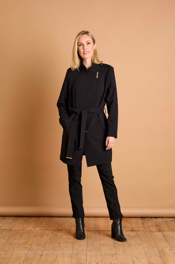 Double Crepe Belted Luxe Trim Coat Black