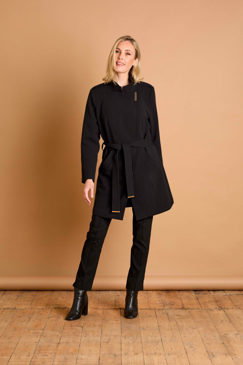 Double Crepe Belted Luxe Trim Coat Black