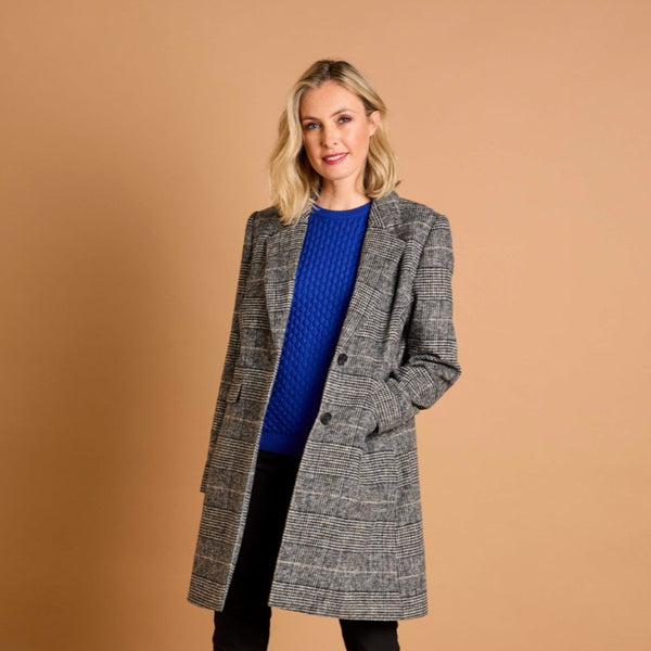 Single Breasted Check Revere Collar Coat Stone Check
